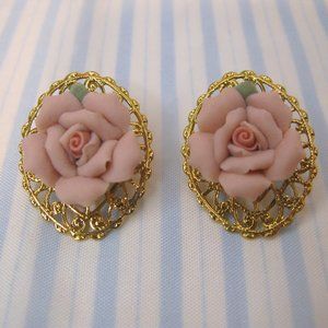 1928 Pink Porcelain Rose Pierced Earrings